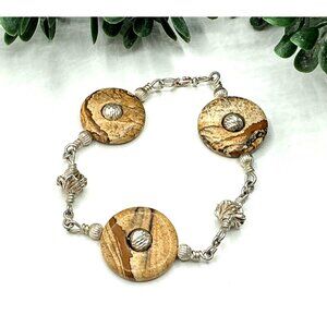 Round Jasper and silver tone  Adjustable Bracelet